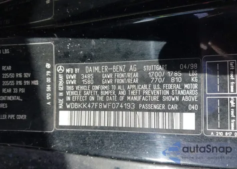 1998 Mercedes-Benz Slk 230 z USA, uszkodzony, nr VIN WDBKK47F8WF074193